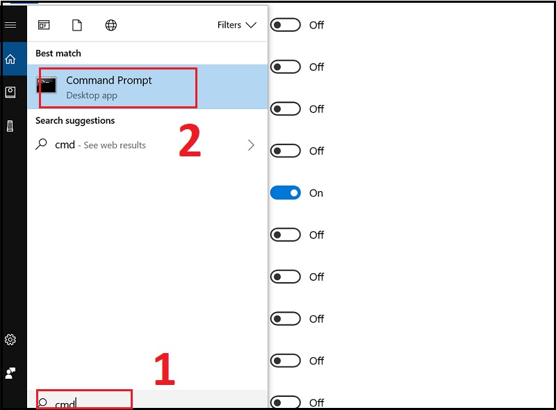 Windows + S  Gõ cmd  Bấm Comand Prompt